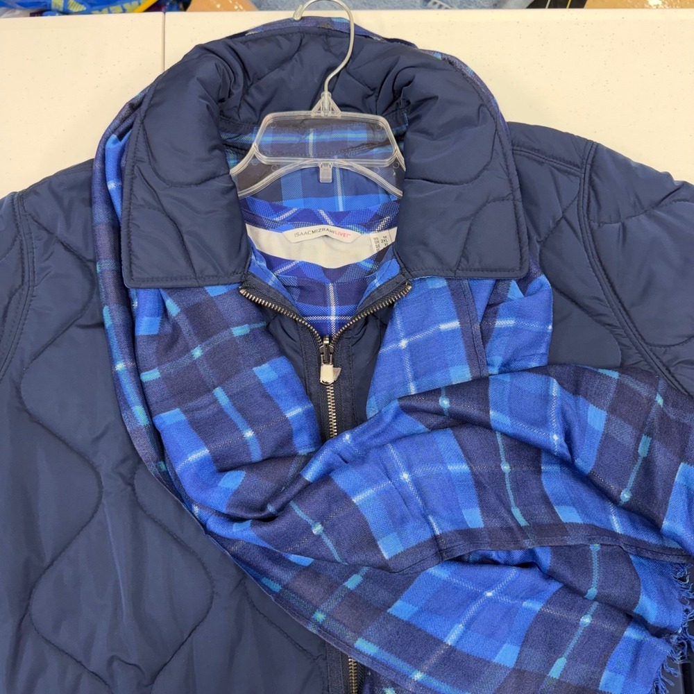 3 pc Isaac Mizrahi Quilted Reversible Barn Jacket long sleeve shirt scarf 1X QVC